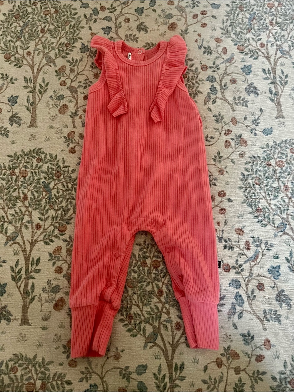 deux par deux Coral Pink Ribbed Ruffle Baby Romper